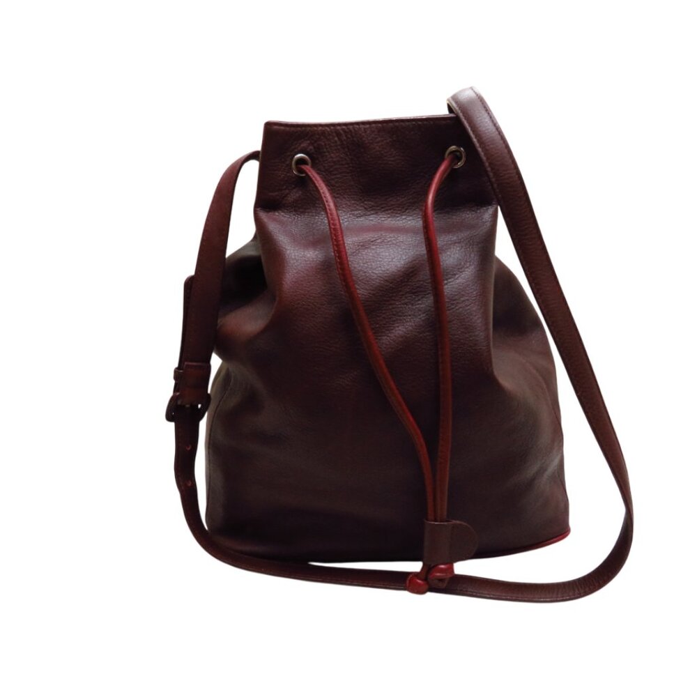 Leather Crossbody Bucket Bag with Drawstring Closure Red Mahogany